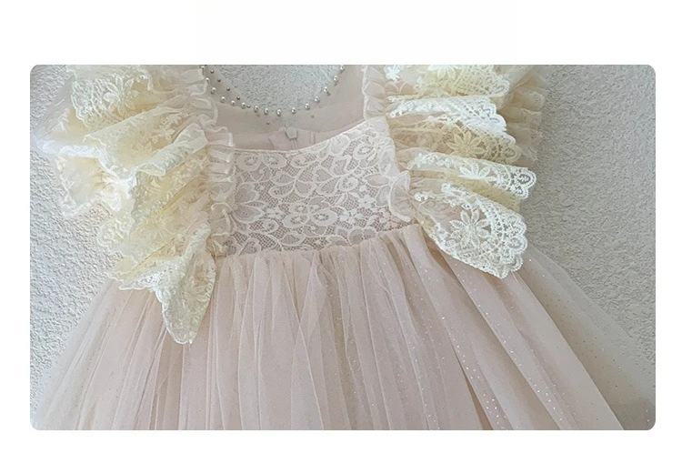 رائعة الدانتيل صنع نفخة الأكمام حساسة الدانتيل منقوشة صد تتدفق تول الأطفال تنورة أنيقة طفل فتاة فستان المشمش