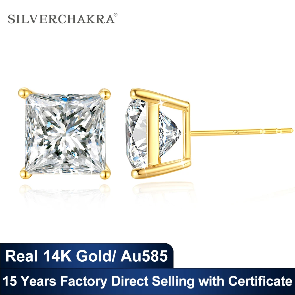 Original 14k Gold Stud Earrings Real Gold AU585 1ct 2ct 3ct Princess Cut Moissanite Diamond Stone Wedding Jewelry for Women