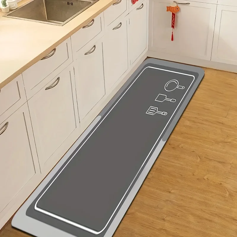 Moderner Minimalistischer Grauer Küchenteppich, Rutschfeste Gummi-Langmatte mit Utensilien-Silhouette, Dekor-Matte für Badezimmer, Flur, Waschraum