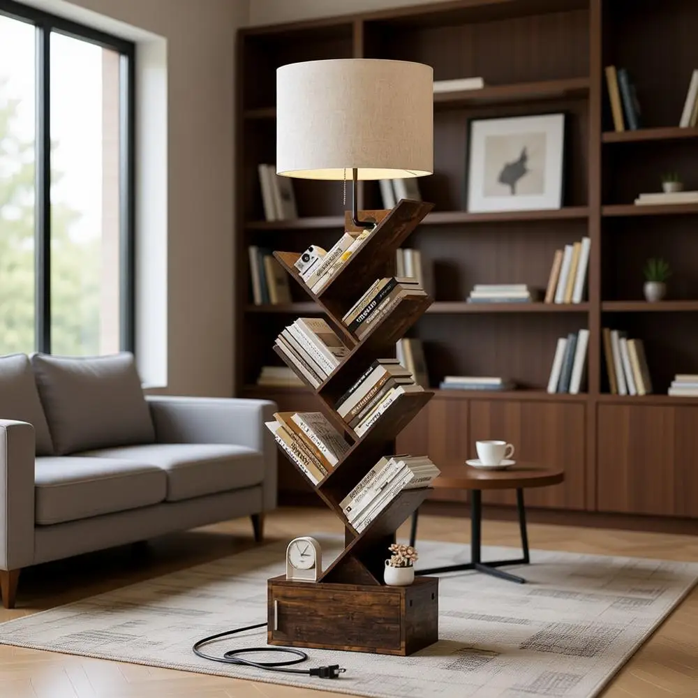 

6-Tier Slim Bookshelf with Storage Cabinet, Tall Narrow Shelving Unit for Small Spaces, Rustic Brown