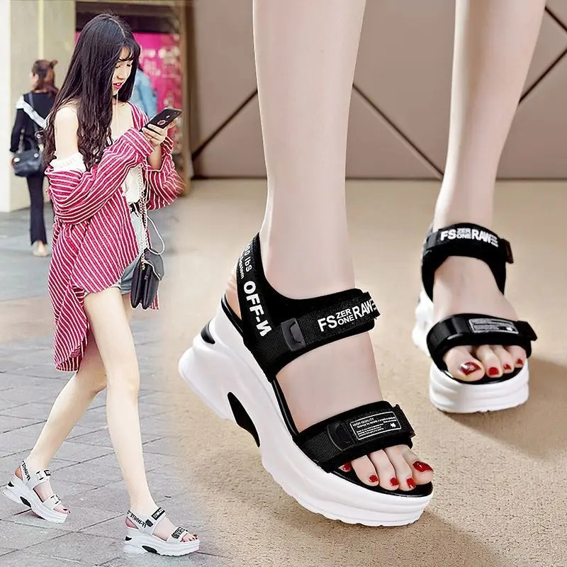 Platform Sneakers Sandals for Women 2023 New Summer Versatile Slope Heel Elevated Women\'s Shoes Luxury Sandals chaussure femme