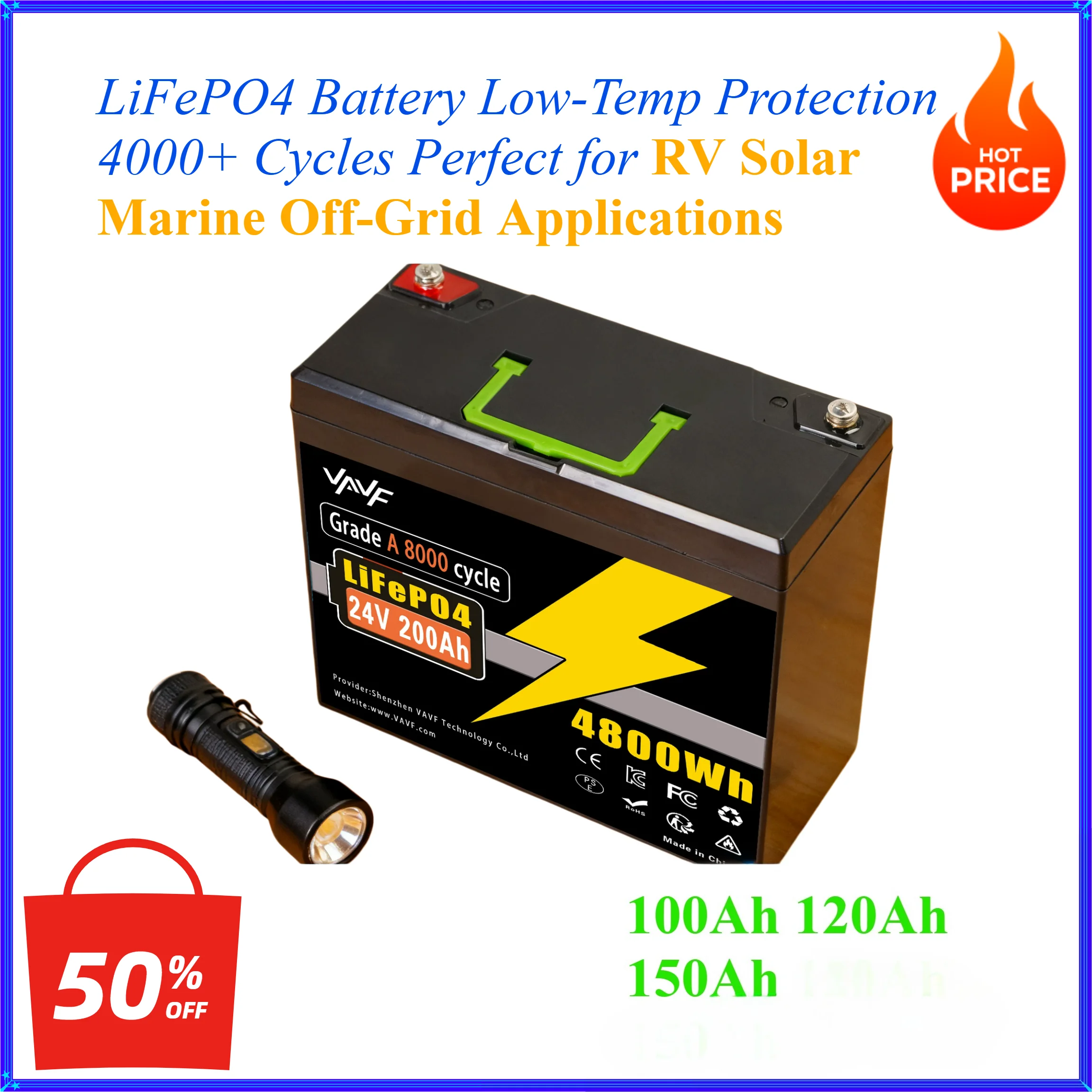 24V 100Ah 200Ah LiFePO4 Battery Low-Temp Protection 4000+ Cycles Perfect for RV Solar Marine Off-Grid Applications