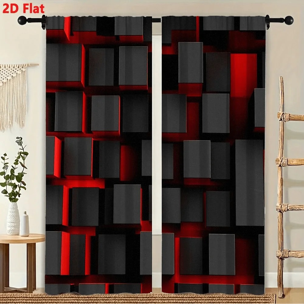 

2Pcs Curtains Black And Red Three-Dimensional Grid Window Drapes For Bedroom Room Decor Decoration Window Treatment.
