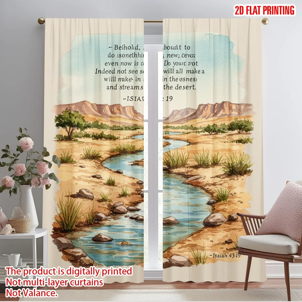 

2pcs 2D flat printing Curtain Isaiah 43 19 Desert Streams 100% Polyester Fabric Without Electricity Holiday Decorations Use for