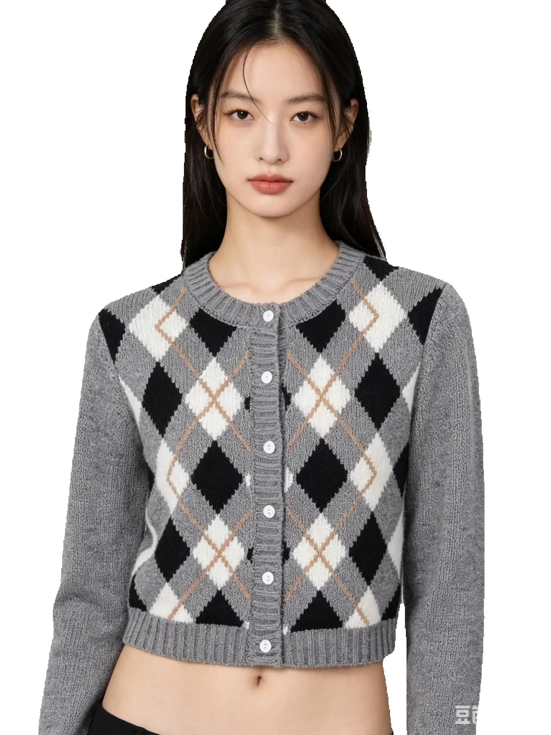 

High Quality Spring And Autumn New Style Long Sleeved Short Round Neck Plaid Elastic Knitted Fashionable Women's Cardigan