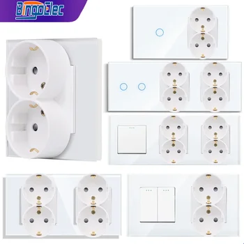 Bingoelec Double EU Wall Socket Touch Switches with 1/2/3gang Push Button Switch Dual Electrical Plug Crystal Glass Panel Home