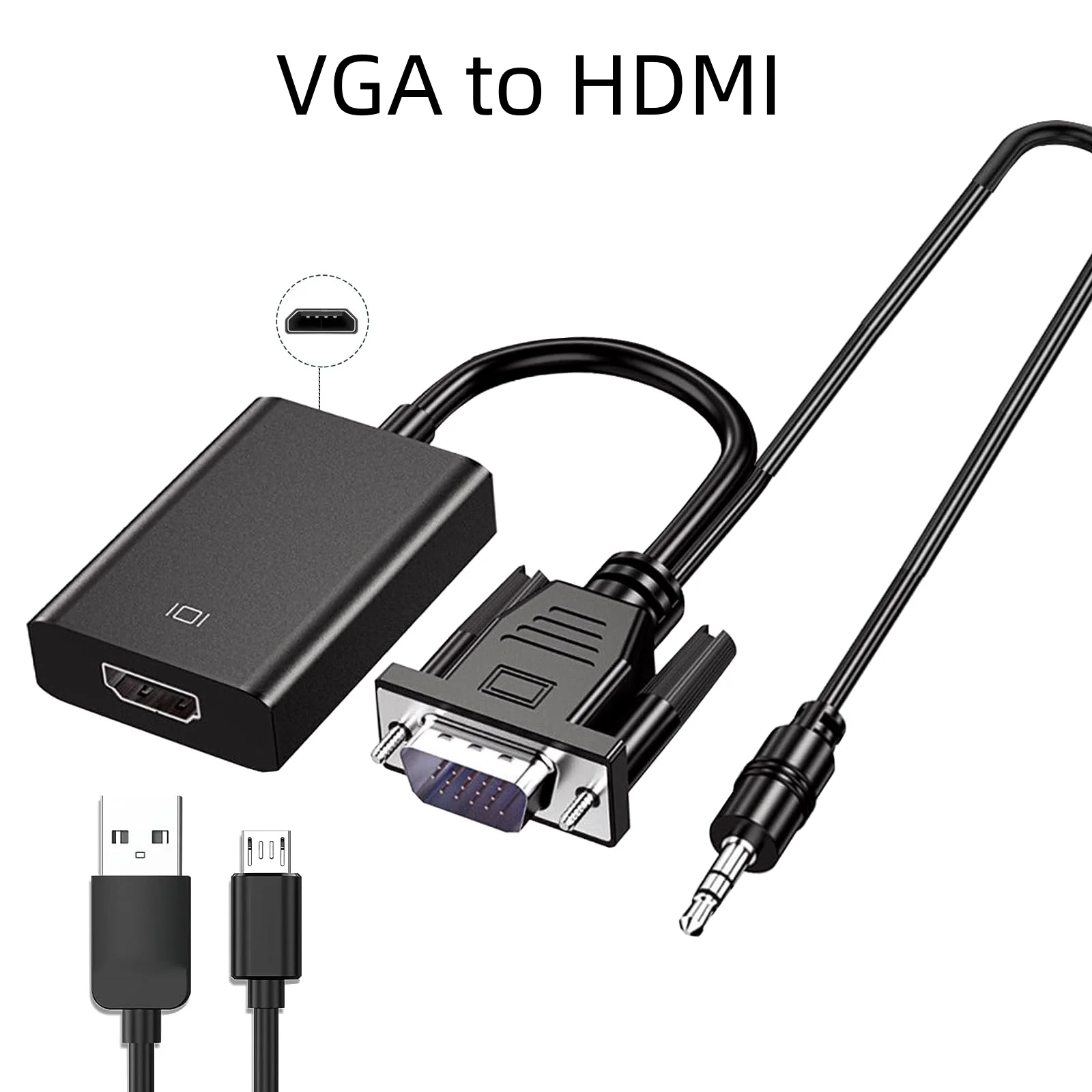 

3.5mm Input and VGA to HDMI-compatible Adapter with USB Power Cable 1080P Video Converter for PC Laptop Monitor Projector HDTV