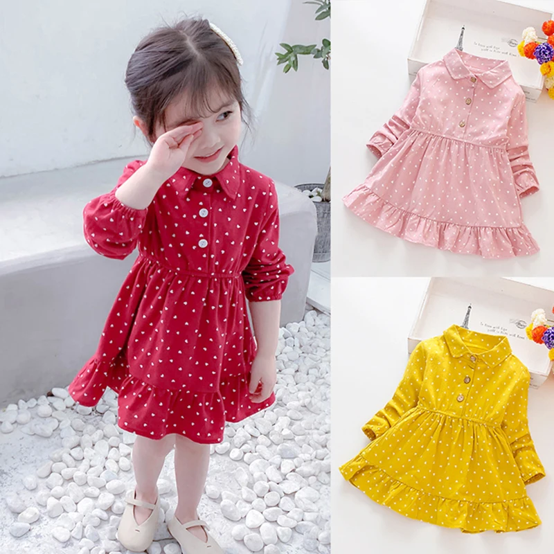 Spring Autumn Casual Baby Girls Dot Print Long Sleeve Dress Kids Toddler Pageant Princess Sundress Dress For 1-8 Years old