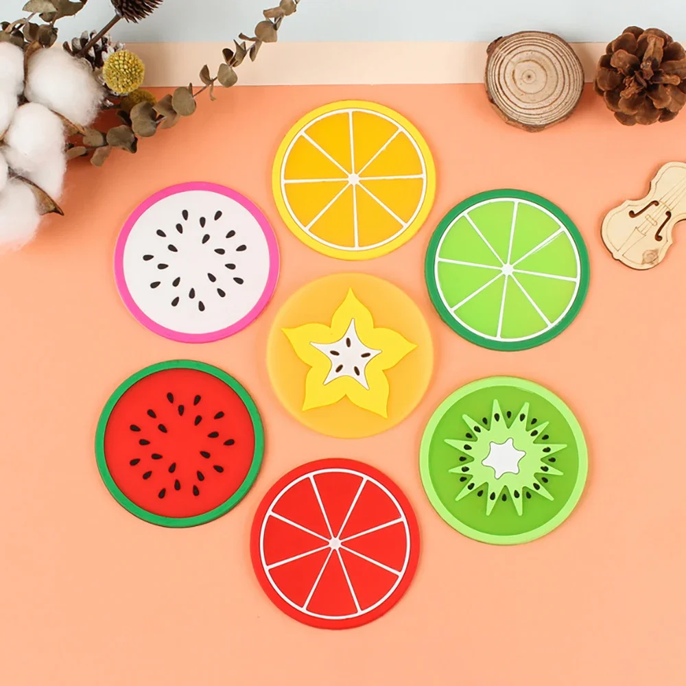 7 pcs Colorful Hot Drink Holder Jelly Color Fruit Shape Coasters Creative Skid Insulation Silicone Gel Cup Mat Pad