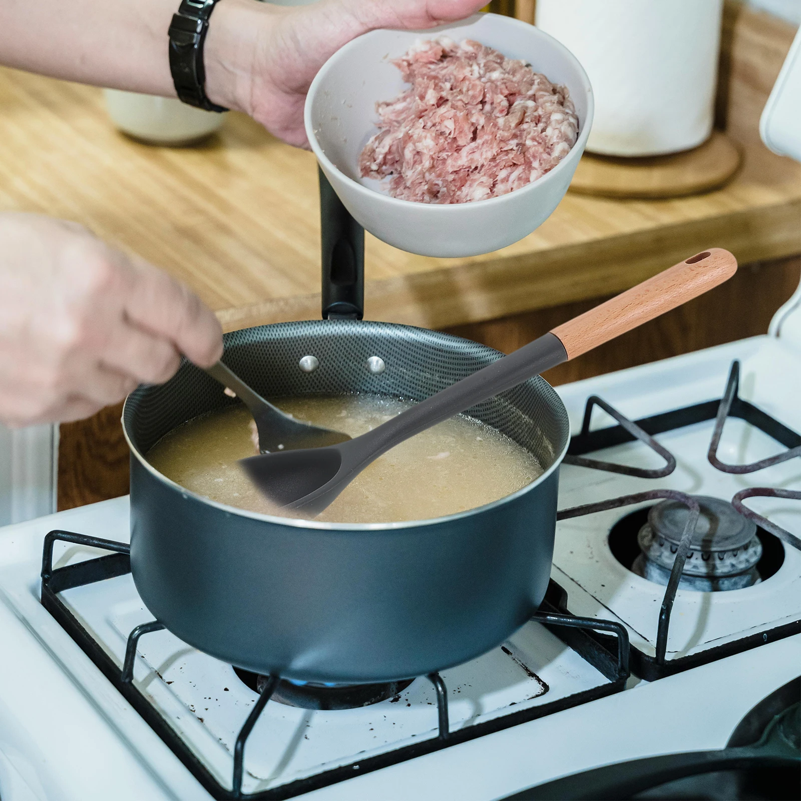 

Wood Handle Silicone Cooking Spoon Large Size Anti Scratch for Non Stick Cookware Easy Clean Mixing Ladle Kitchen Accessory