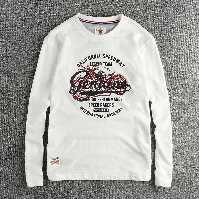 Personalized vintage motorcycle letter pattern long sleeve T-shirt men\'s wash woolen cotton comfortable all-match base shirt
