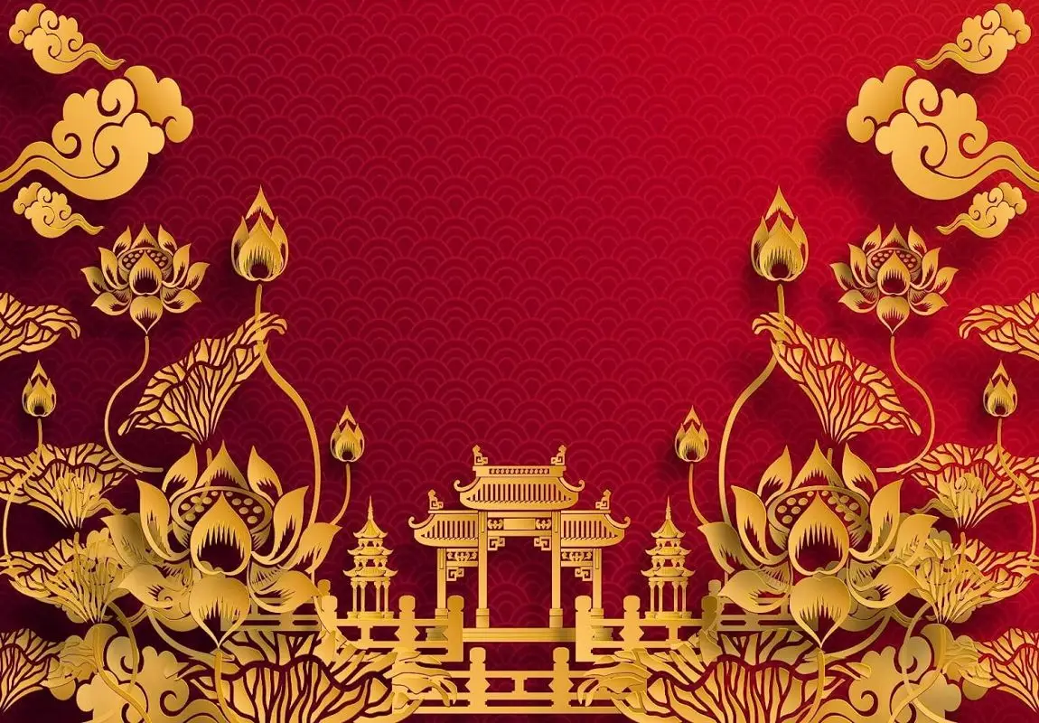Happy New Year birthday Backdrop Chinese Pavilion Flower Red Paper Cut Art Style Party Decorations Background Banner Photography