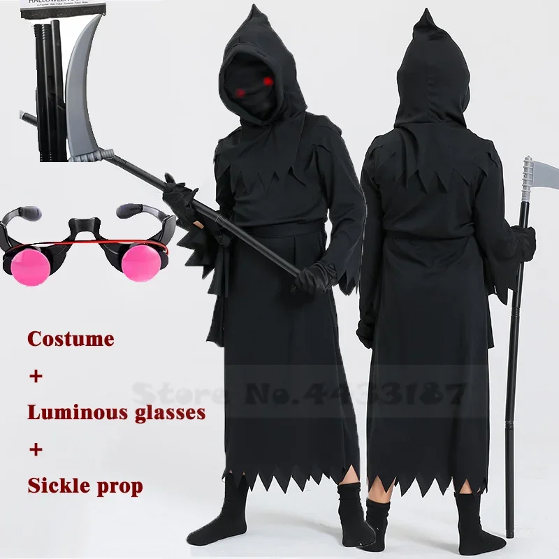 Costume da fantasma della morte Mantello con cappuccio nero Festa di Halloween Cosplay Bambini Spaventoso Grim Reaper Falce Costume Prop Set Regali per bambini