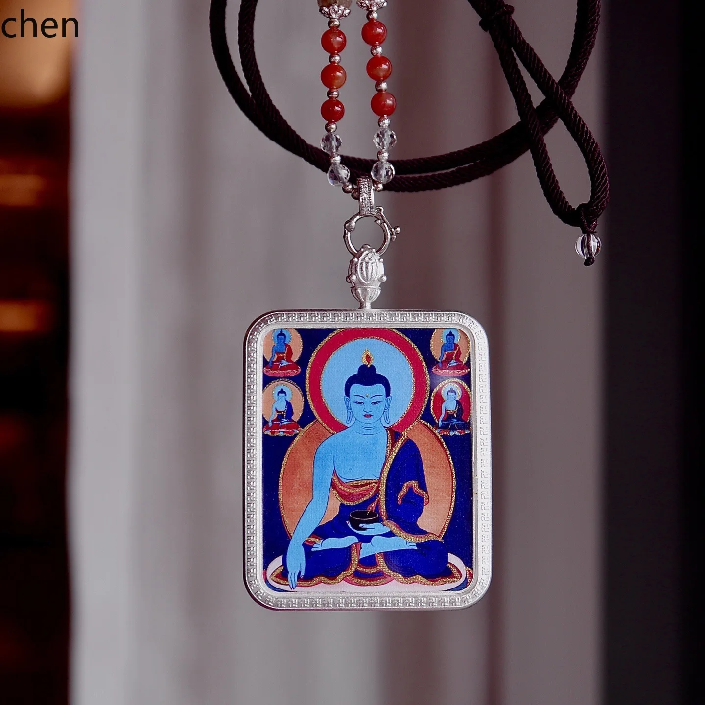 H1 Thangka Medicine Buddha Necklace Titanium Steel Shell Mineral Plant Pigment Intangible Cultural Heritage