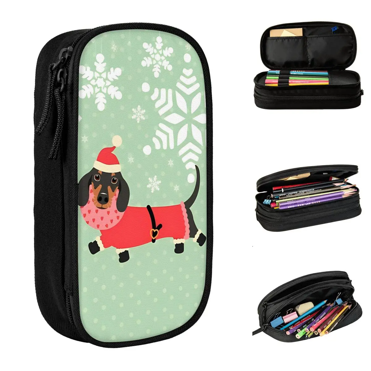 Dachshund Sausage Dog Christmas Santa Claus Pencil Case Pencilcases Pen Holder Kids Big Capacity Bags Students School Cosmetic