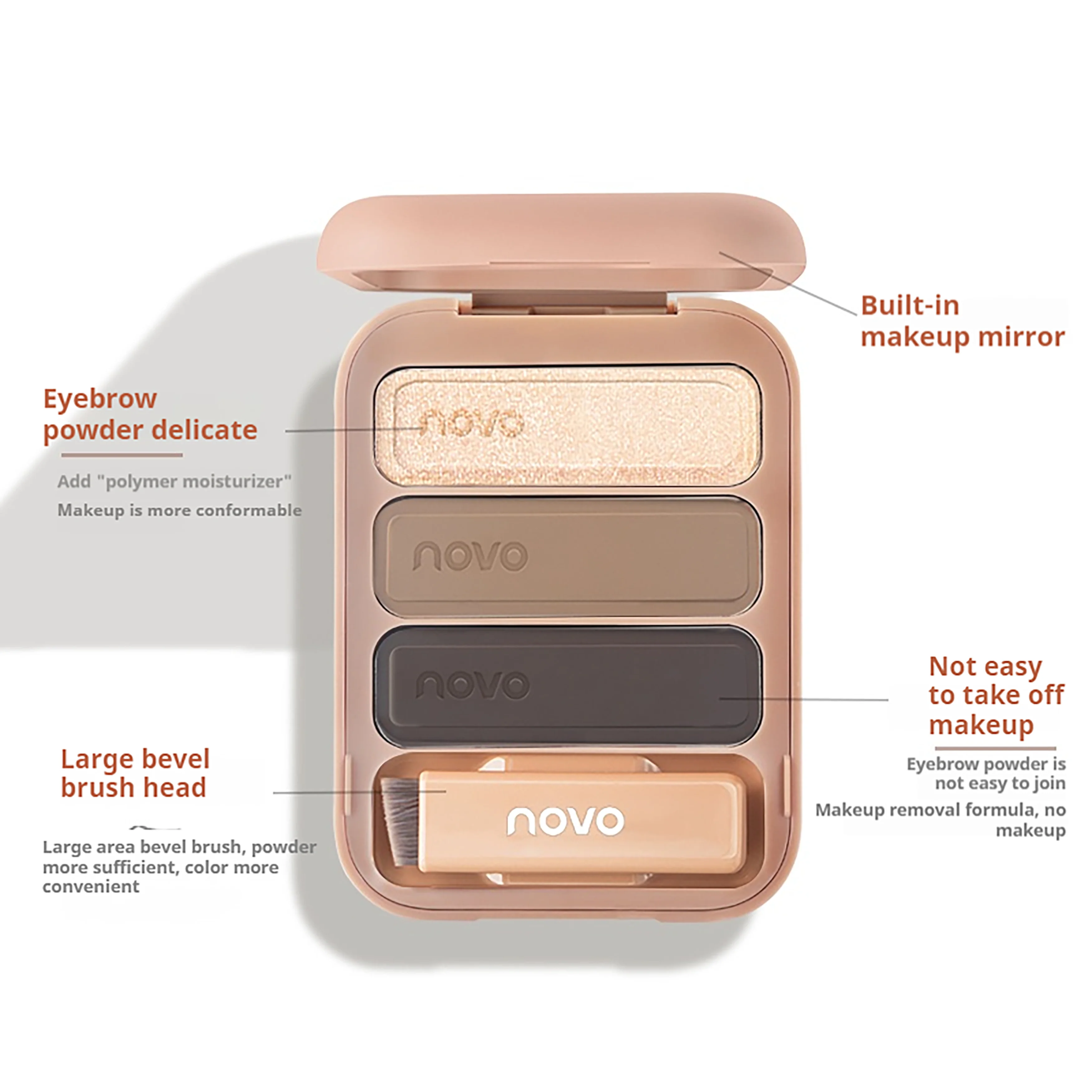 NOVO Waterproof and sweat-resistant natural-looking brows in three shades. Long-lasting brow powder that stays put.