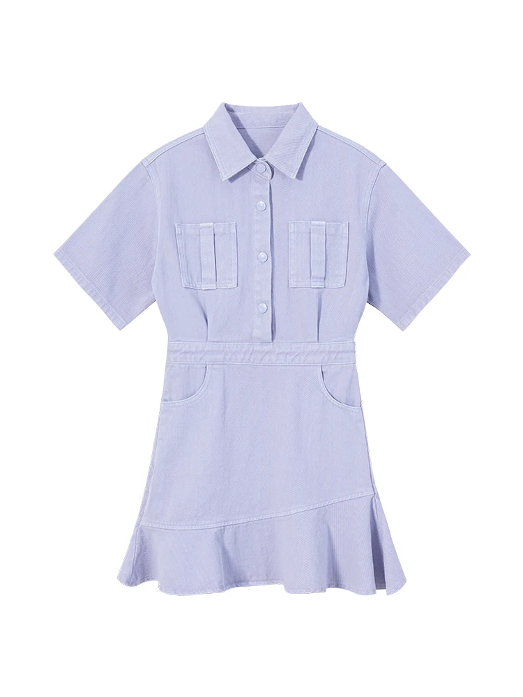 Chic Lavender Denim Dress Short Sleeve Ruffle Hem Mini High Waist A Line Outfit for Women Summer Casual Fashion Streetwear 2025