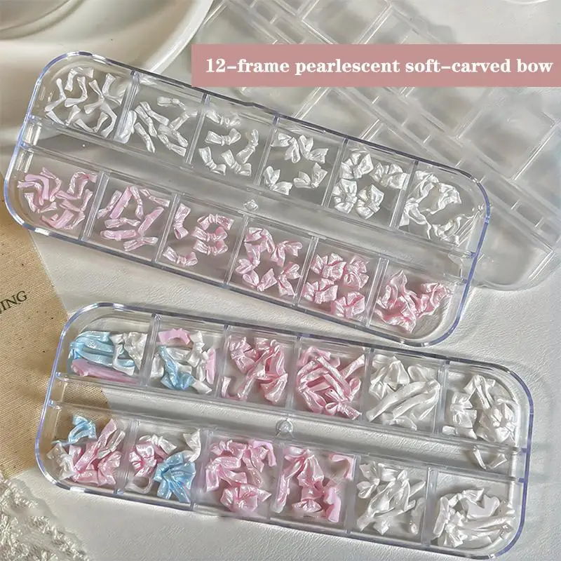 New12 Grids Satin Bow Nail Accessories Soft Carving Pearl Pink White Mixed Silk Ribbon Pure Desire Nail Charm Decoration