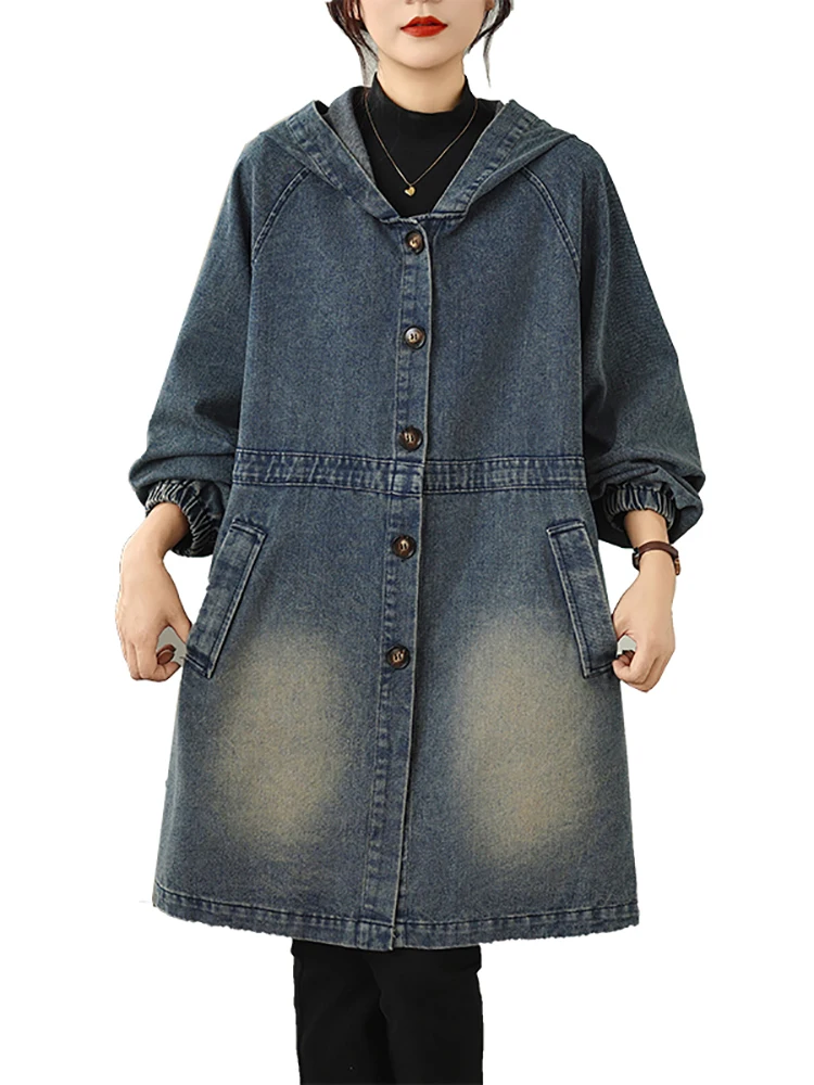 2025 Autunno Nuovo Cappotto da Cowboy con Cappuccio Retro Allentato Monopetto Giacca a Vento di Media Lunghezza Blu Giacca di Jeans con Tasca Casual