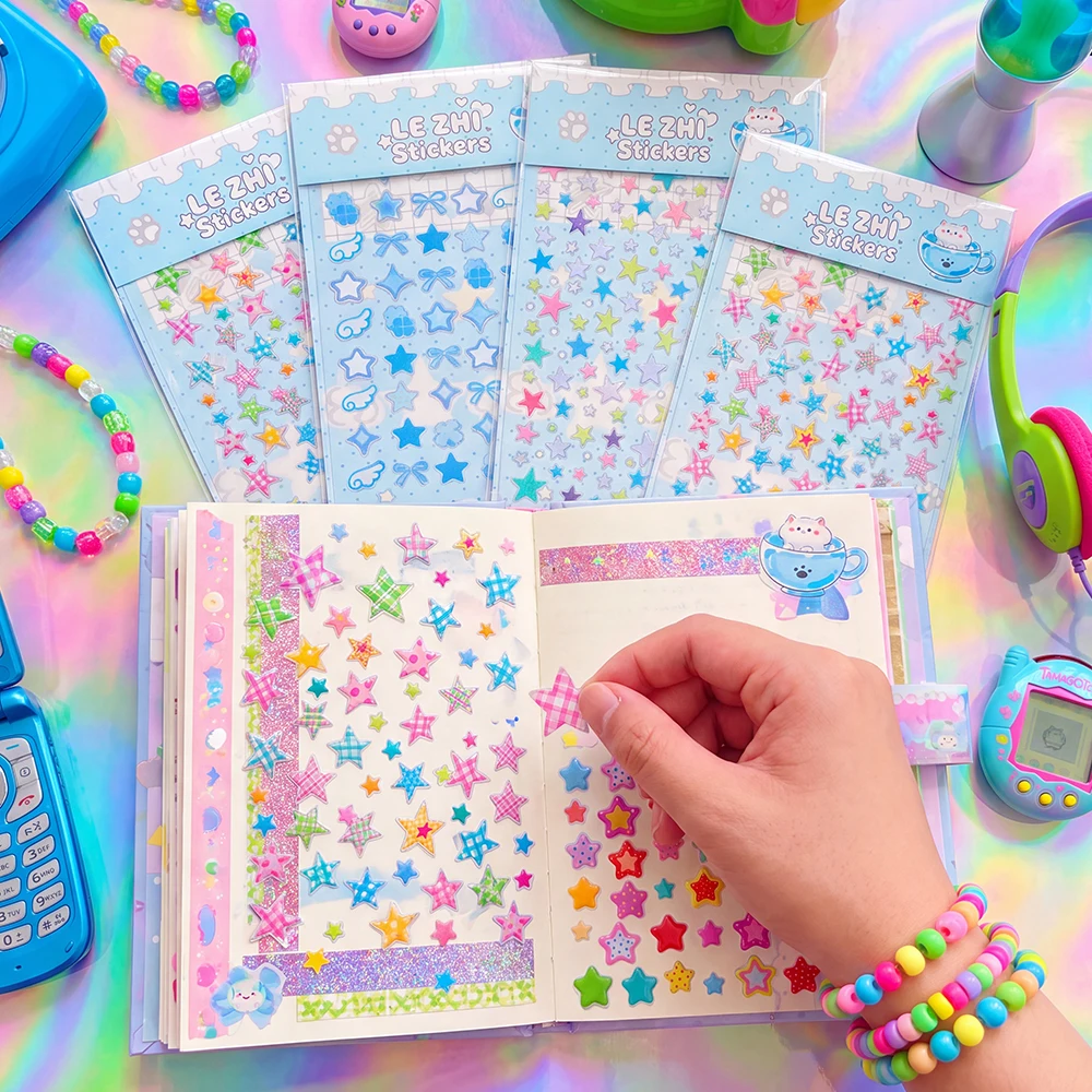LEZHI Cute Kawaii Sticker Pack Y2K Aesthetic Holographic Stars Bows Wings Puffy Decals For Journal Phone Decoration Gift