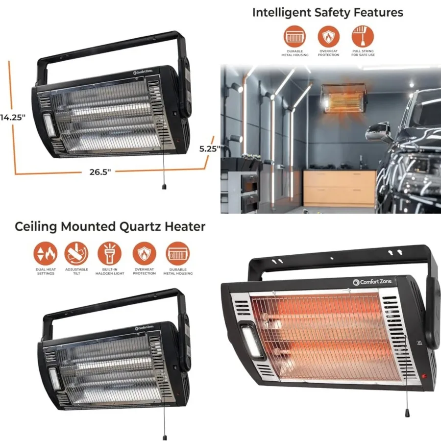 1500W Ceiling Mounted Dual Quartz Radiant Heater Infrared Workshop Heater with 90° Adjustable Tilt, Built-in Halogen Light and