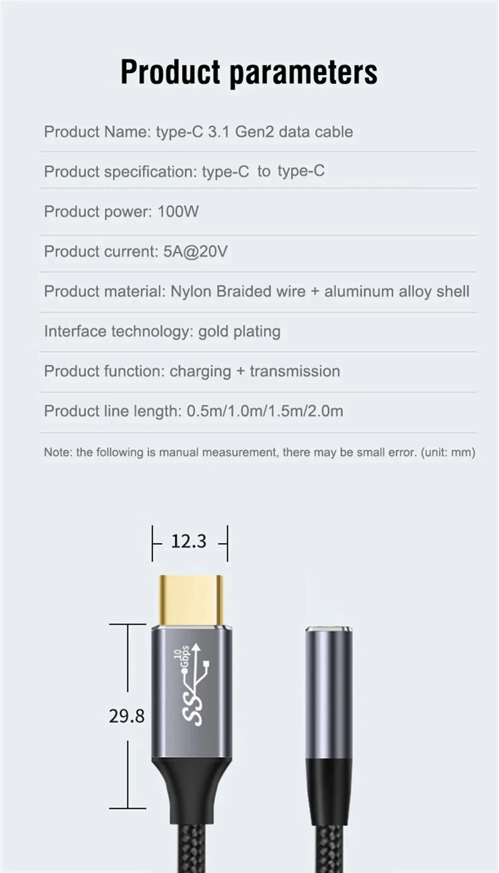 Teléfono Móvil PD 100W macho a hembra 10gbps Cable de extensión de carga rápida tipo C Cable USB 3,1 Gen 2