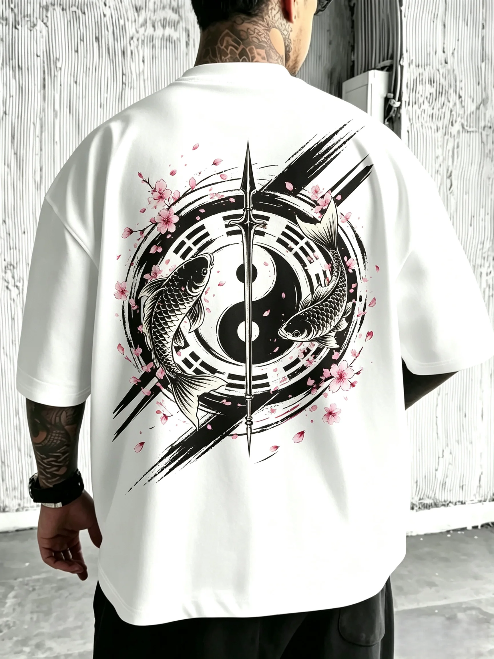 Unisex Oversized T‑Shirt Bagua Tai Chi Dual Koi Fish Long Spear Splash Ink Sakura Cherry Blossom Back Print Hip Hop Streetwear Short Sleeve Tee Men Women
