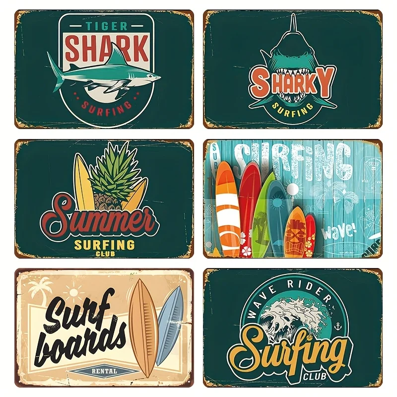 Letreros de hojalata de Metal con temática de surf de tiburones Vintage, 11,81x7,87 pulgadas, decoración de pared Retro para el hogar, Bar, cafetería, garaje, 6 uds. | Durable, N
