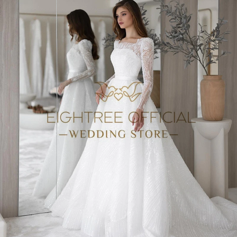 Eightree White A-Line Wedding Dresses 2024 Long Sleeve Glitter Wedding Gowns Boho Beach Bridal Ball Prom Dress vestido de noiva