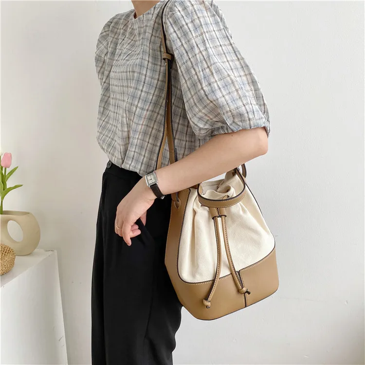 Korean style Stitching canvas Small Bucket Bags for Women 2024 new Brand Shoulder bag Handbags Casual Tassel Crossbody Bag