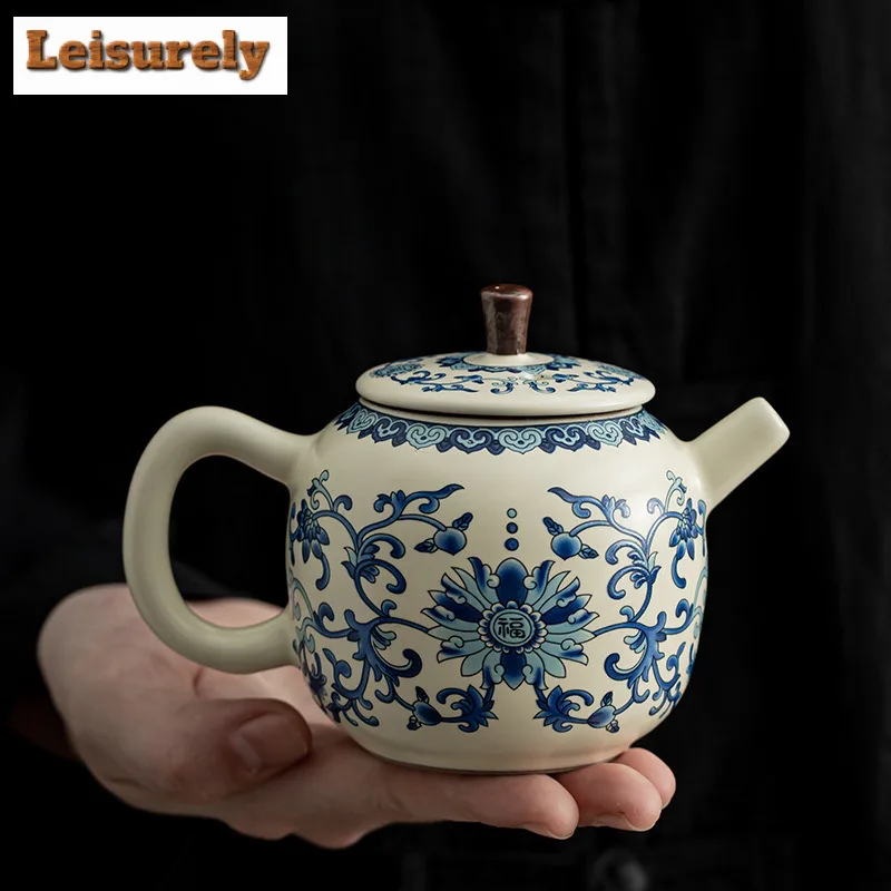 230ML Chinese Blessed Blue And White Teapot Boutique Ru Kiln Pot Tea Maker Kettle With Filter Chinese Tea Cha Supplies Craft