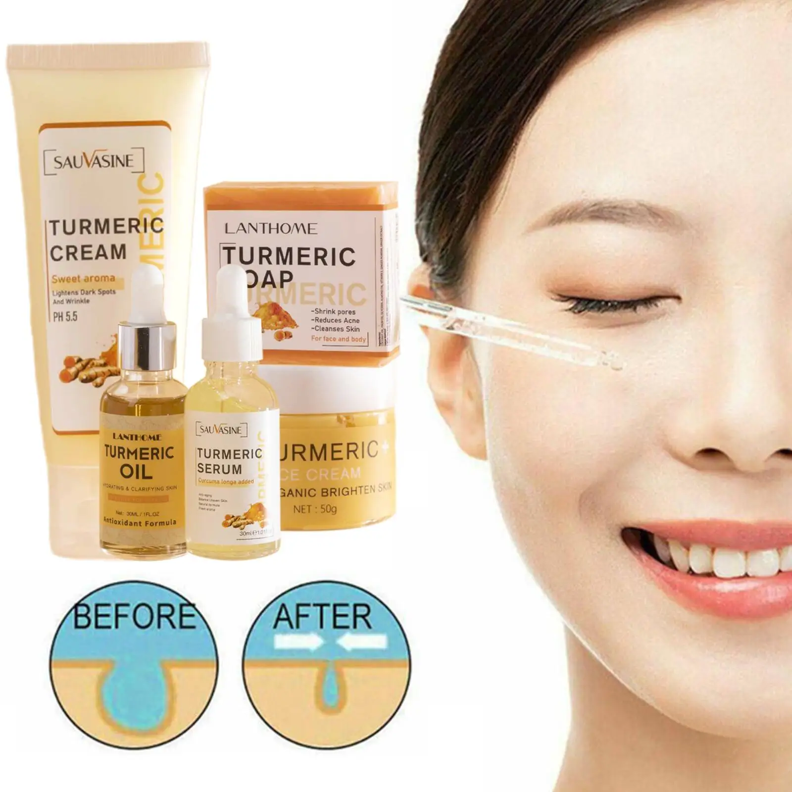 

5PCS Turmeric Face Care Sets Turmeric Face Cleansing Turmeric Whitening Care Soap Essential Cream serum Face oil Skin K4Z0