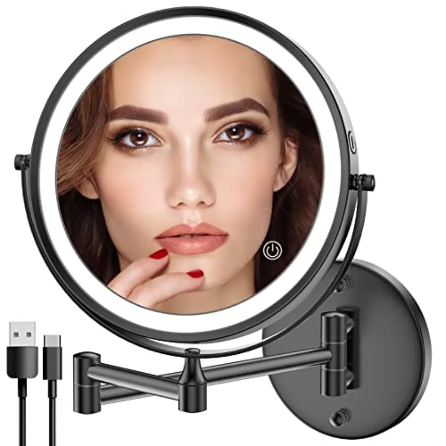

Rechargeable Wall Mounted Lighted Makeup Mirror, Double-Sided LED Vanity Mirror 1X/10X Magnification, 3 Color Lights Touch Scre