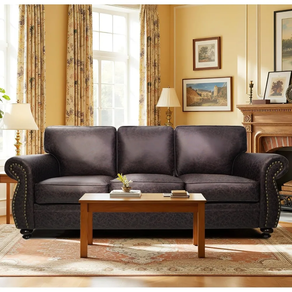 

Mid-Century Vintage Sofa Couches with Rivet Design,Removable Sofa Cover Upholstered Cushions (Brown, 3-Seater) Office Sofas