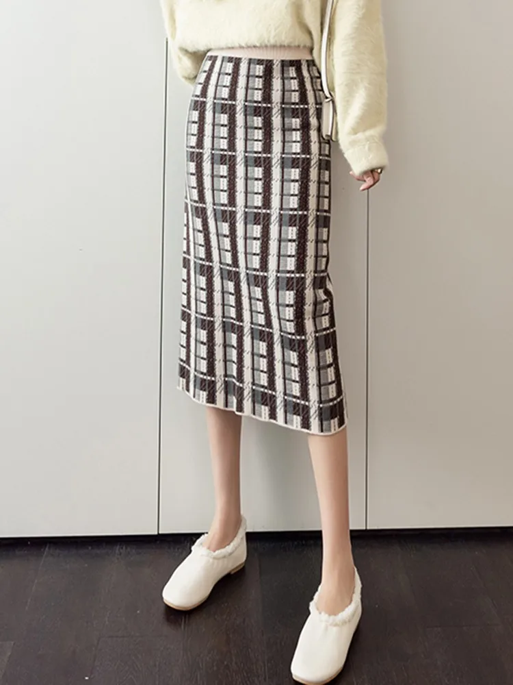 

Elegant Slim One-step Split Skirt 2022 Autumn and WinterFashion Korean Style Casual Women Plaid Knitted Long Skirts W1211