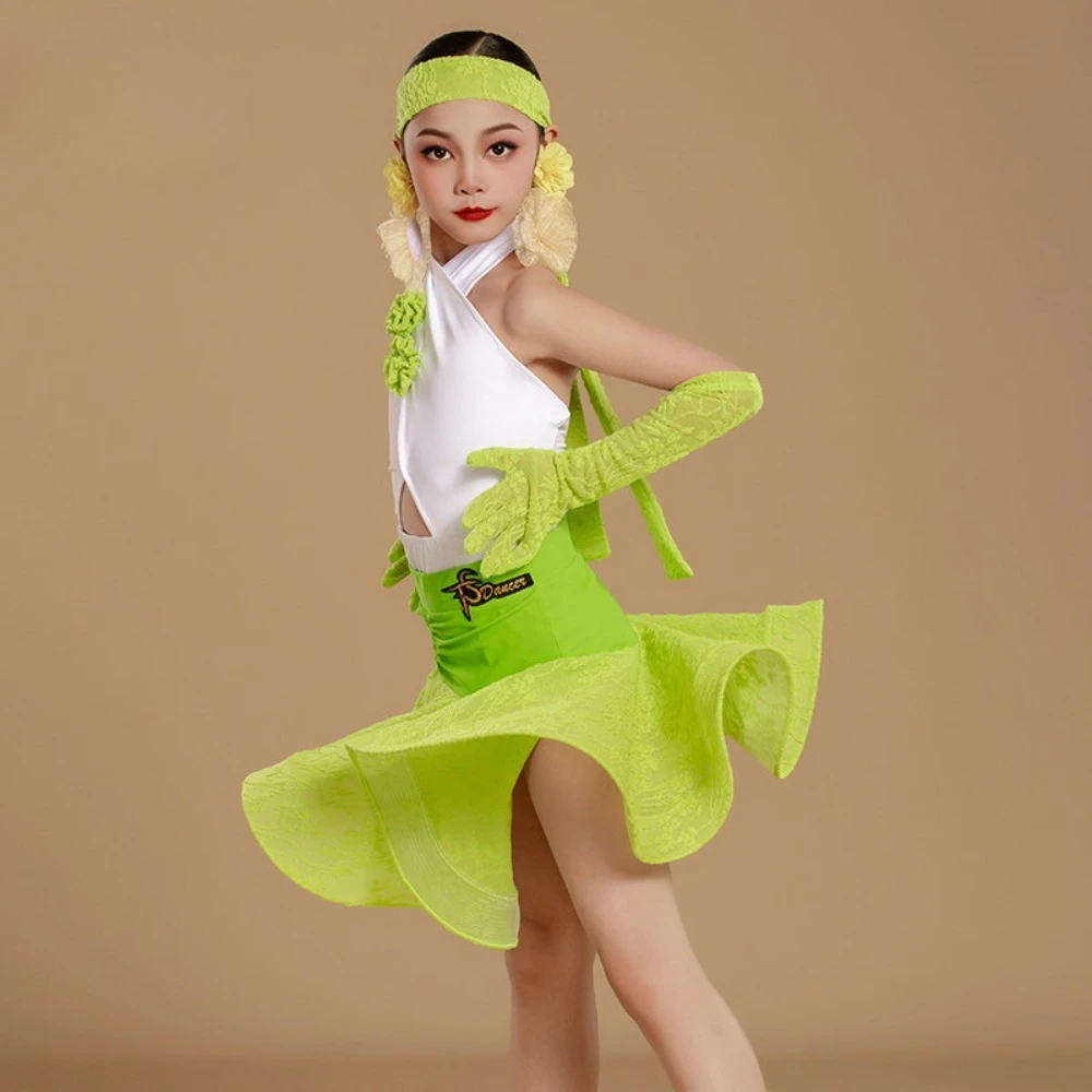 

New style Latin dance children's gymnastics suit with lace and fishbone training outfit separate sets National Standard