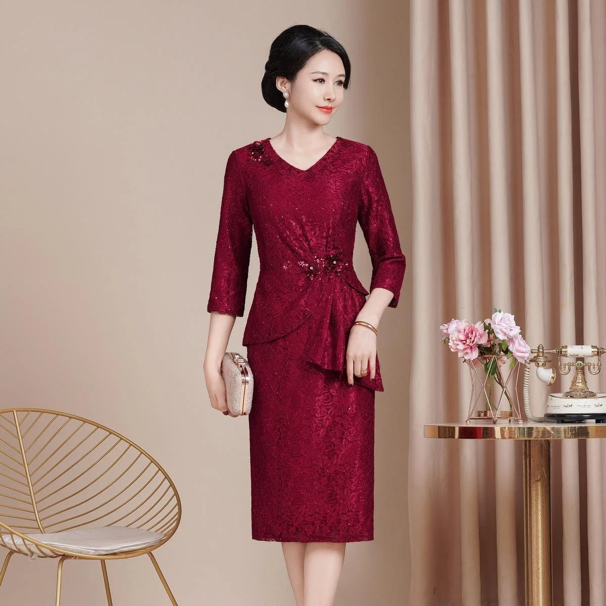 Yourqipao Long Sleeve Chinese Traditional Qipao Women Prom Party Dress Mother Of The Bride Wedding Guest Gowns