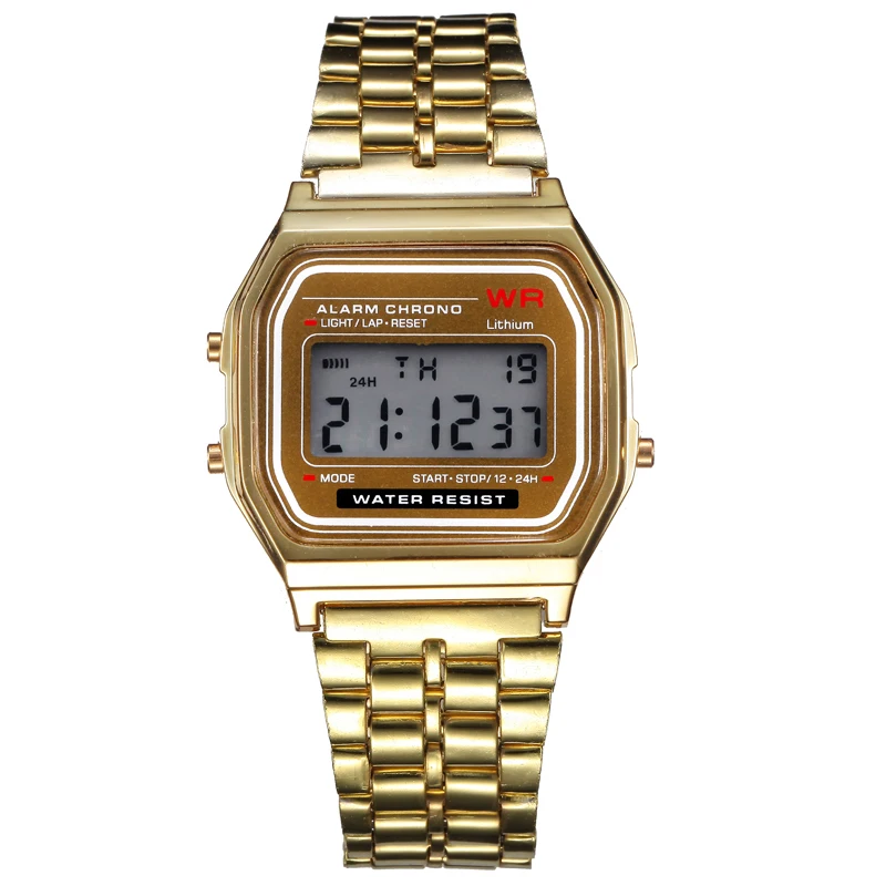 2PC Gold &  Stainless Steel Digital Alarm Stopwatch Wrist Watch Gift