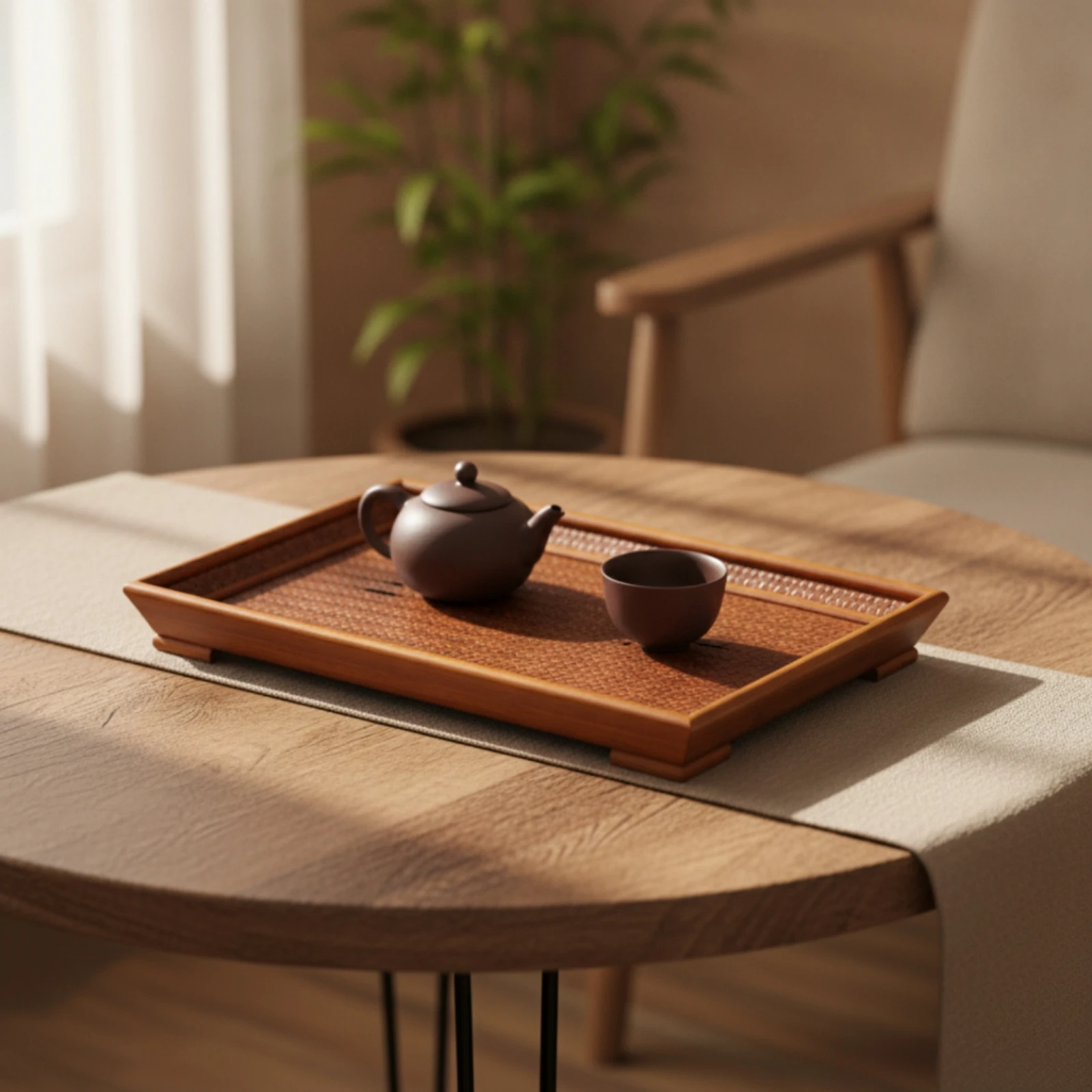 Tea Tray with Woven Panel Rustic Bamboo Tea Tray Easy to Clean Multi-Purpose for Tabletop Display