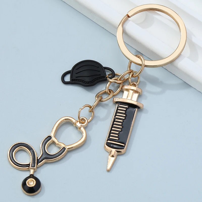 Llaveros esmaltados, herramienta médica para médico, llavero, jeringa de inyección, colgantes de estetoscopio, regalo médico, joyería hecha a mano DIY