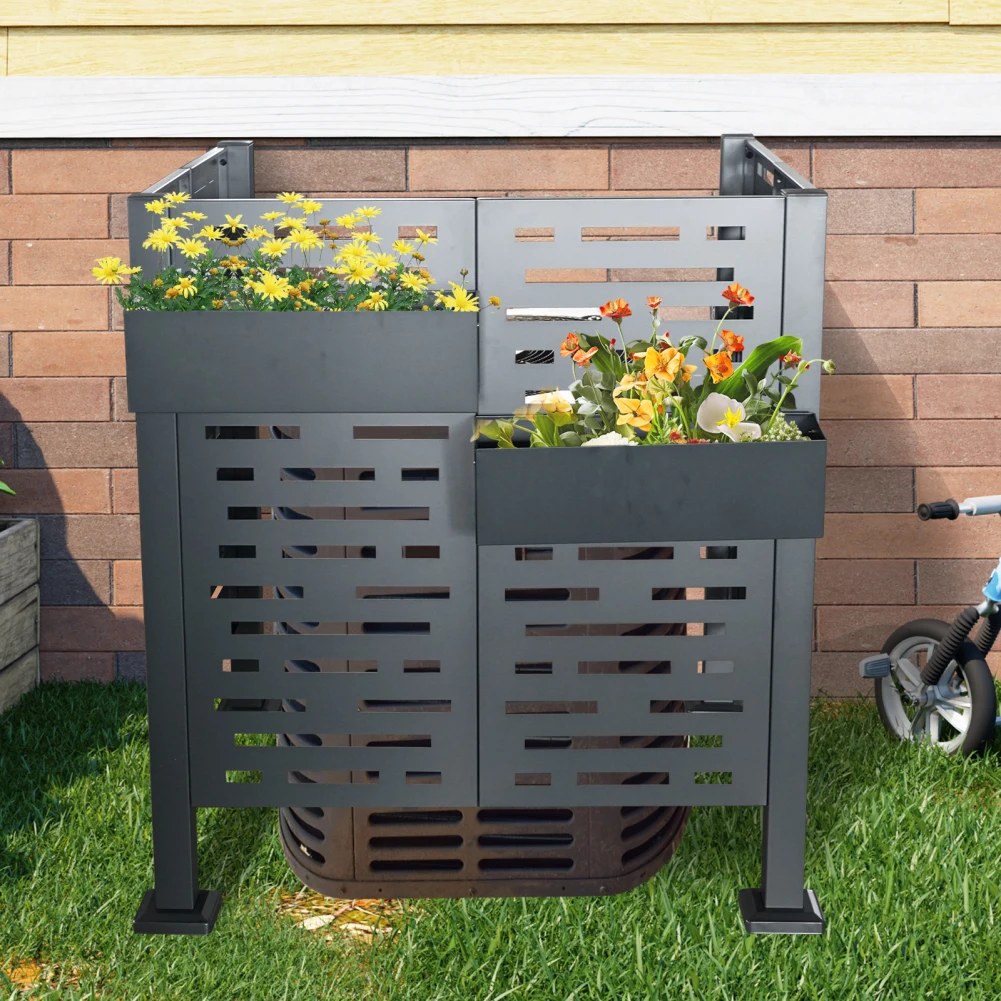 No Dig Air Conditioner Fence (3 Panels) 3.5x3.5Ft Outdoor Metal Trash Can Pool Equipment Enclosure Outside With 2 Flower Boxes