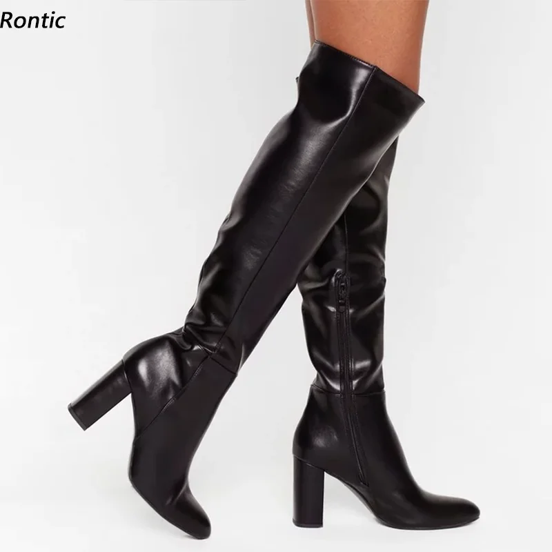 

Rontic New Arrival Women Winter Knee Boots Faux Leather Unisex Chunky Heels Round Toe Elegant Black Casual Shoes US Size 5-20