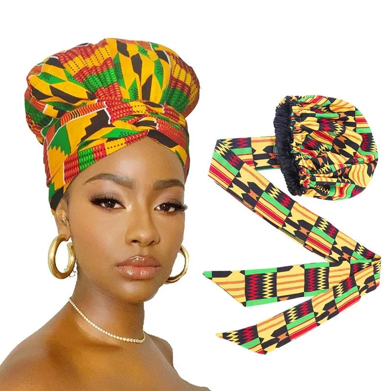 Gorro de satén con patrón africano para mujer, larga turbante con cinta, gorro de turbante con estampado Floral, gorro de pelo Ankara