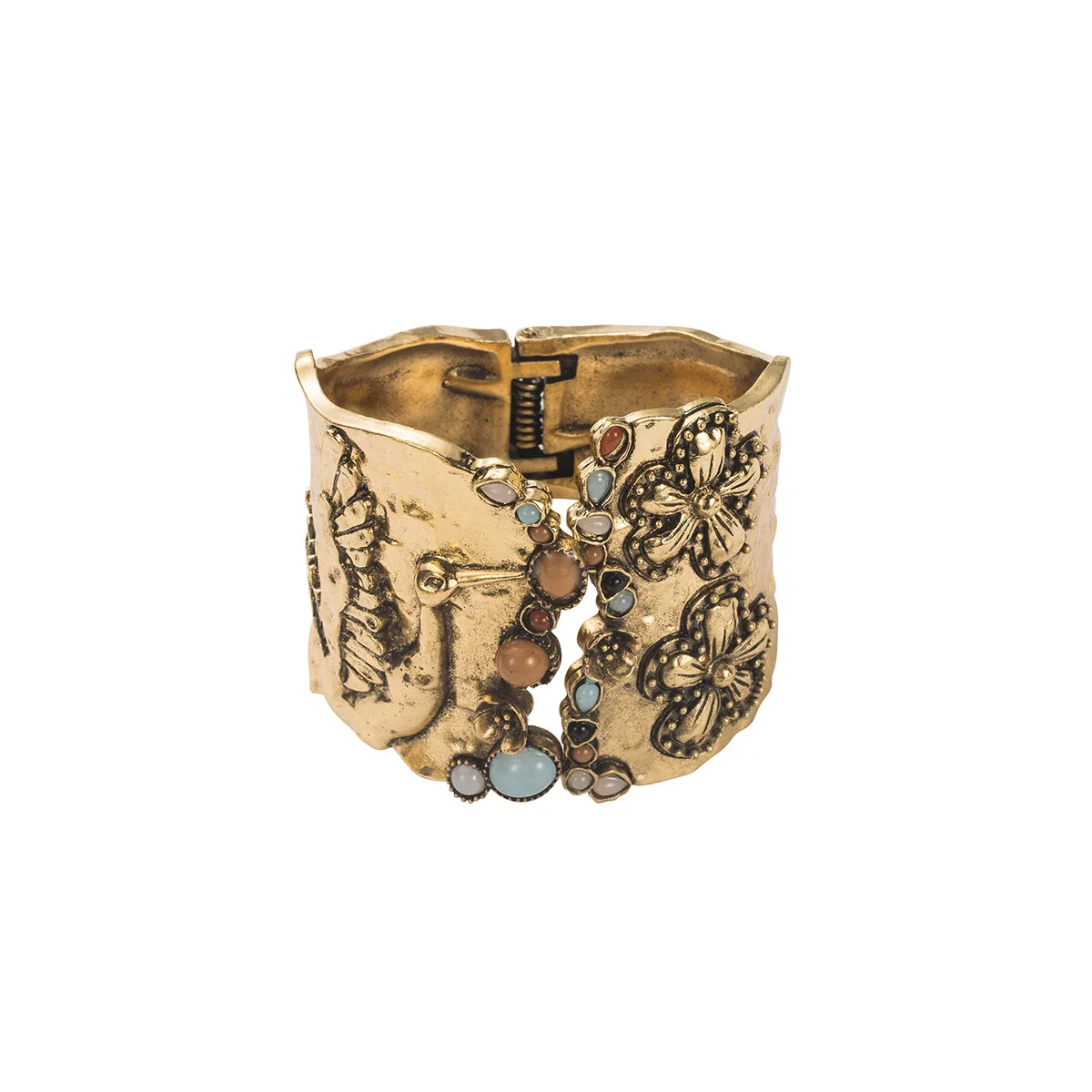 Retro Heavy Industry ZA Geometric Alloy Spring Bracelet, Exaggerated and Distressed Floral Resin Wide Bangle