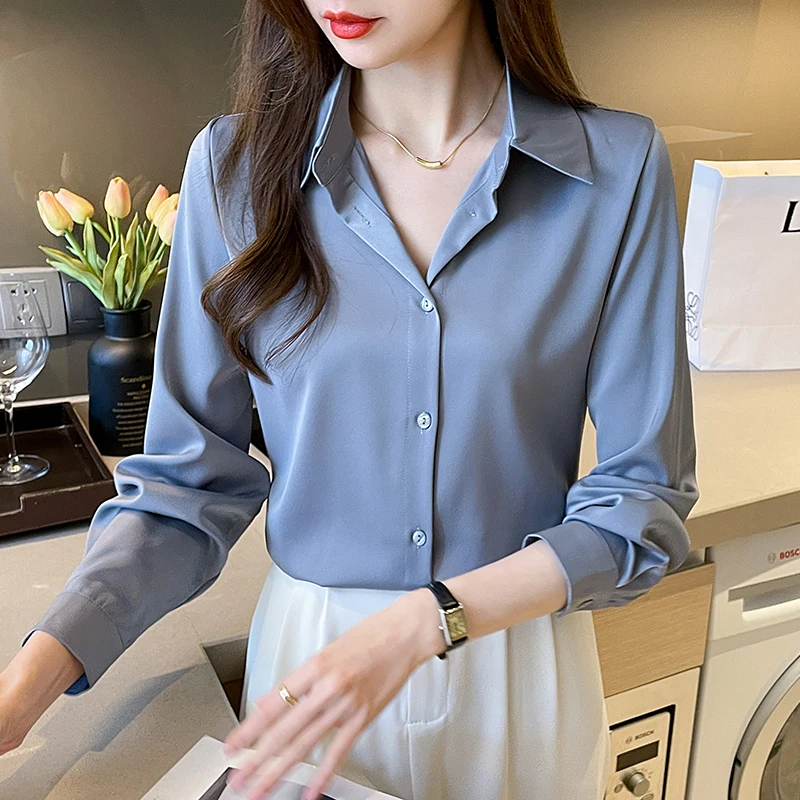 Elegant Satin Fashion Long Sleeve Vintage Blue Blouse Office Blusas Mujer Solid Silk Shirt Women Casual Tops