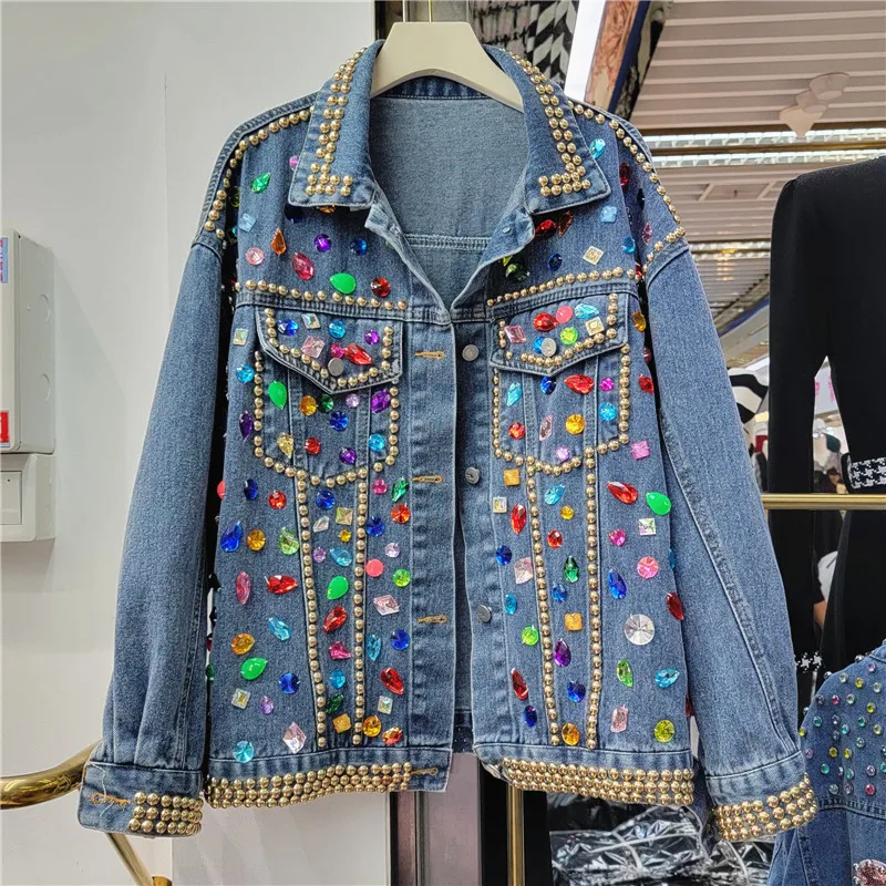 

Heavy Work Rivet Diamonds Denim Jacket Women Casual Blue Short Cowboy Outwear Spring Loose Long Sleeve Jeans Jackets Streetwear