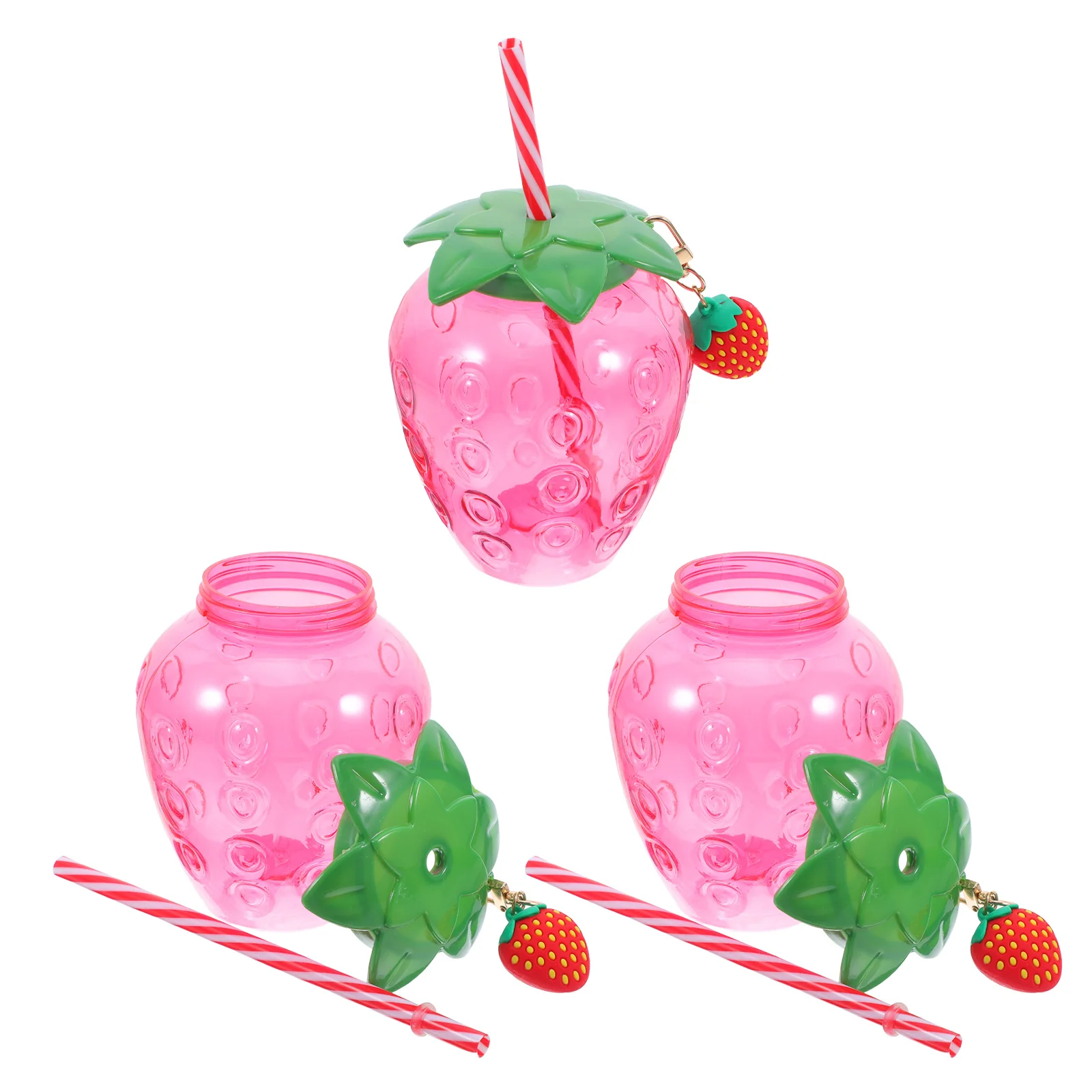 

3 set Strawberry Shaped Portable Drink Cup Reusable Plastic Juice Milk Tea Bottle Leak-Proof For Party Hawaii Theme Kawaii Straw