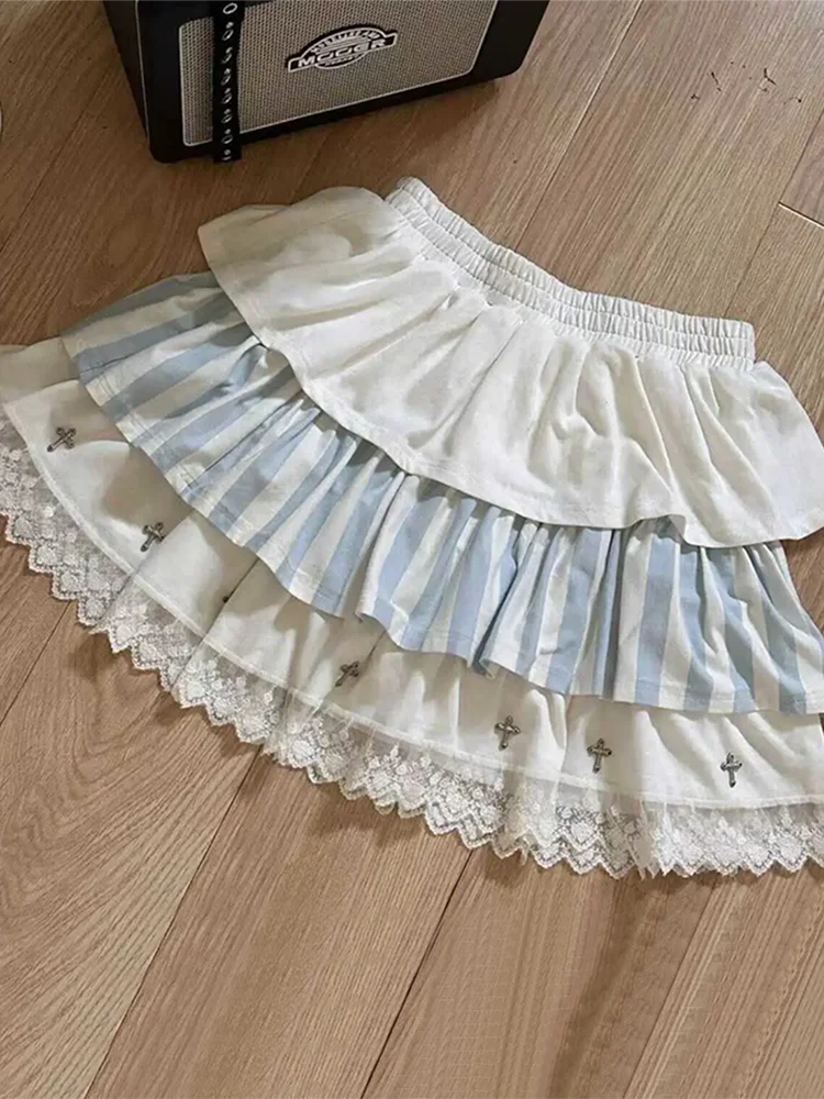 اليابانية المرقعة الحلو تنورة المرأة Kawaii Harajuku كعكة رقيق التنانير أزياء من الدانتل الأزرق مخطط ضئيلة تنورة صغيرة الإناث جديد