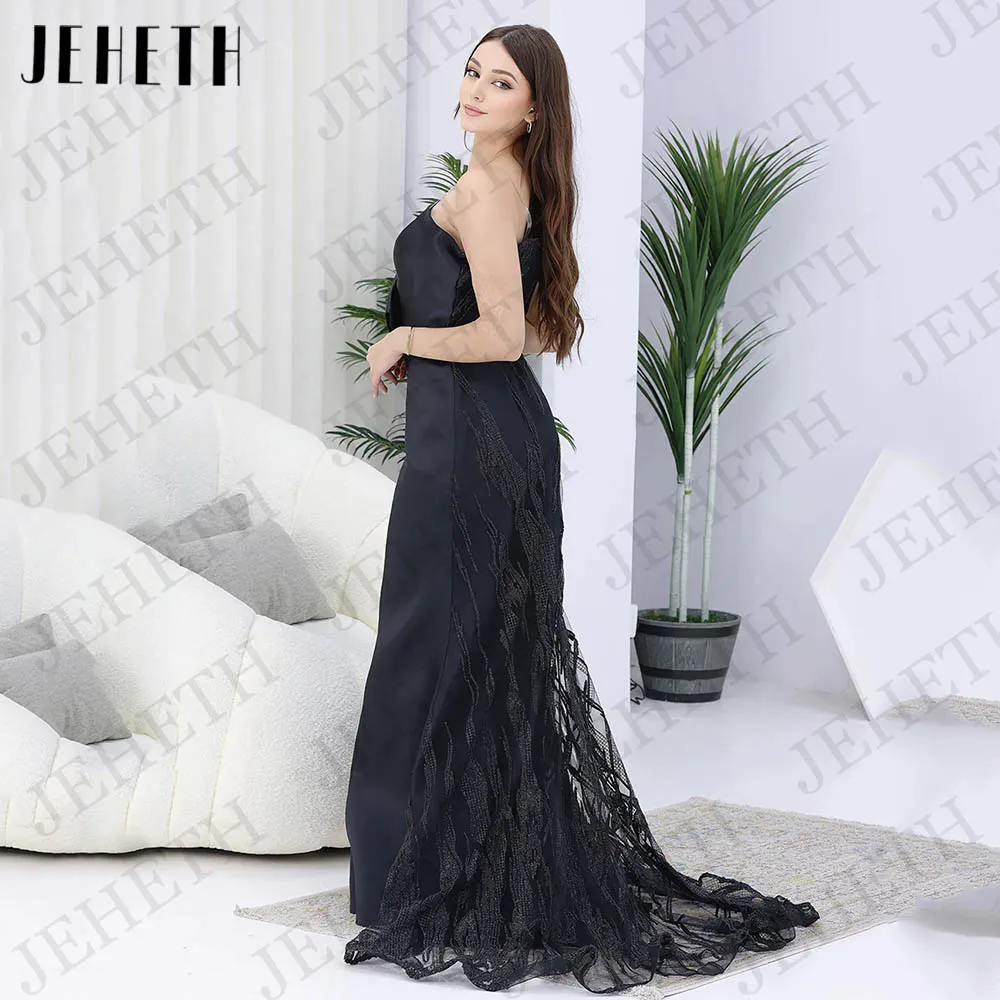 JEHETH-vestido de noche de sirena de Dubái, prenda sencilla de satén con lazo sin tirantes, Color Azul Marino Simple Dubai vestidos de noche de sirena de Arabia Saudita  Satin Bow Strapless Lace  Vestido Ocasión Formal