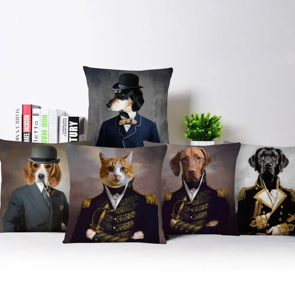 Dog Cat Animals Cosplay Poster Cushion Cover European Animals in Military Uniform Decorative Pillows for Sofa